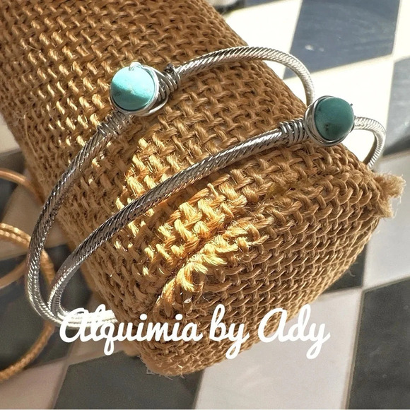 Silver statement tennis bangle set/ jeweled turquoise cowgirl pastel - Picture 1 of 8